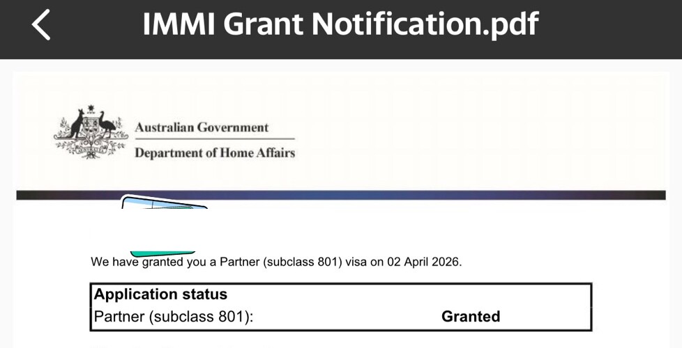 Australian Government Department of Home Affairs IMMI Grant Notification confirming Partner subclass 801 visa granted on 2 April 2026