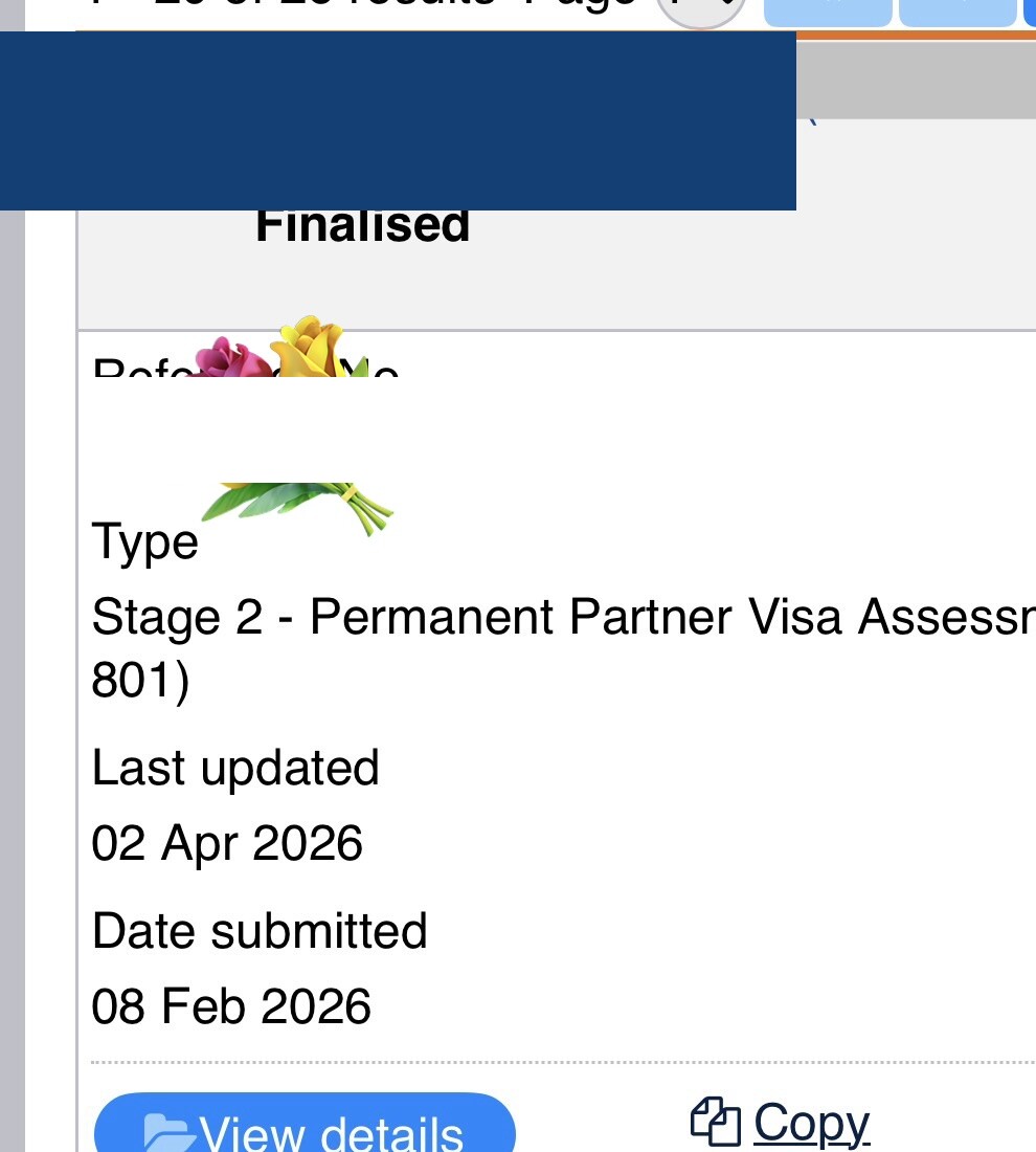 ImmiAccount status showing Stage 2 Finalised, lodged 8 Feb 2026, last updated 2 Apr 2026